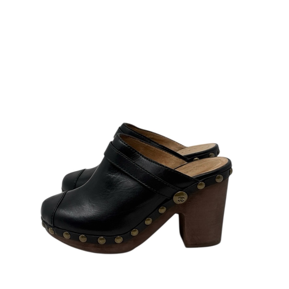 Chanel CC Studded Leather Black Brown Platform Distressed Clog Mules